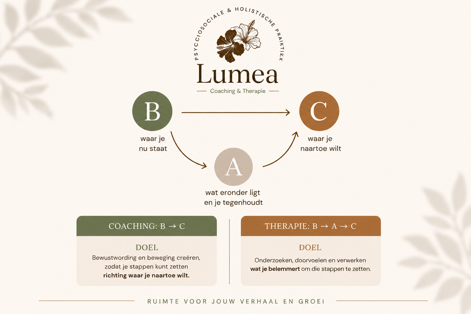 Schema coaching en therapie: B naar C via coaching, B naar A naar C via therapie